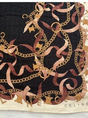 Celine Black, Pink & Gold Chain Print Silk Scarf